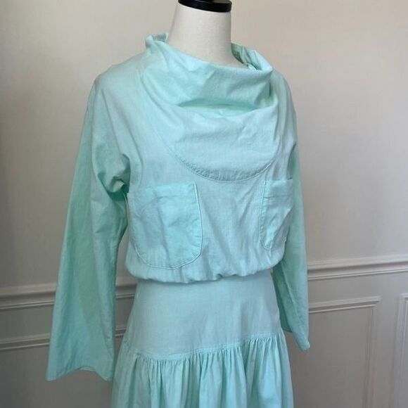 Vintage 80s Alicia Mint Green Cowl Neck Blouson Midi Dress 6 M - Picture 4 of 11